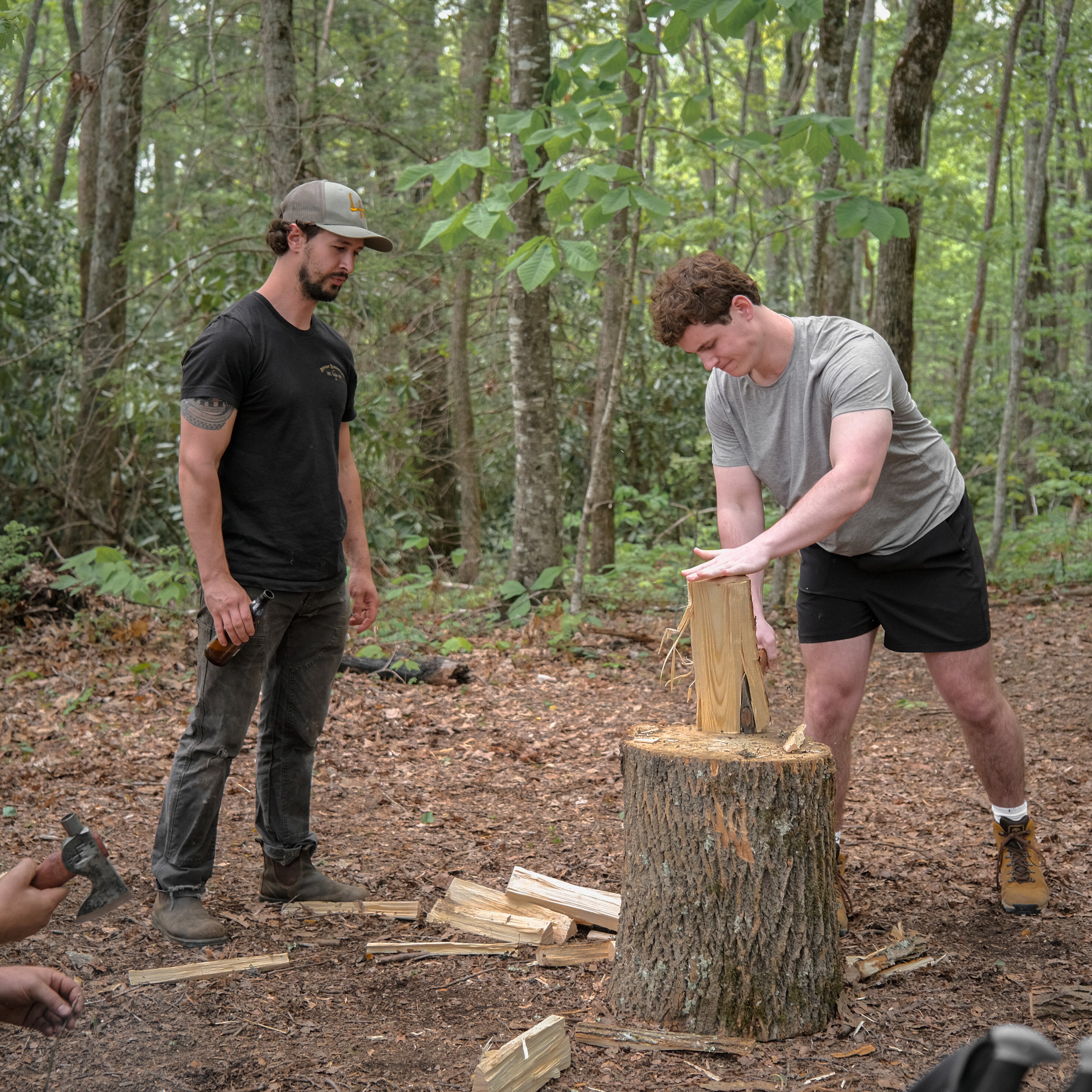 watching someone split wood