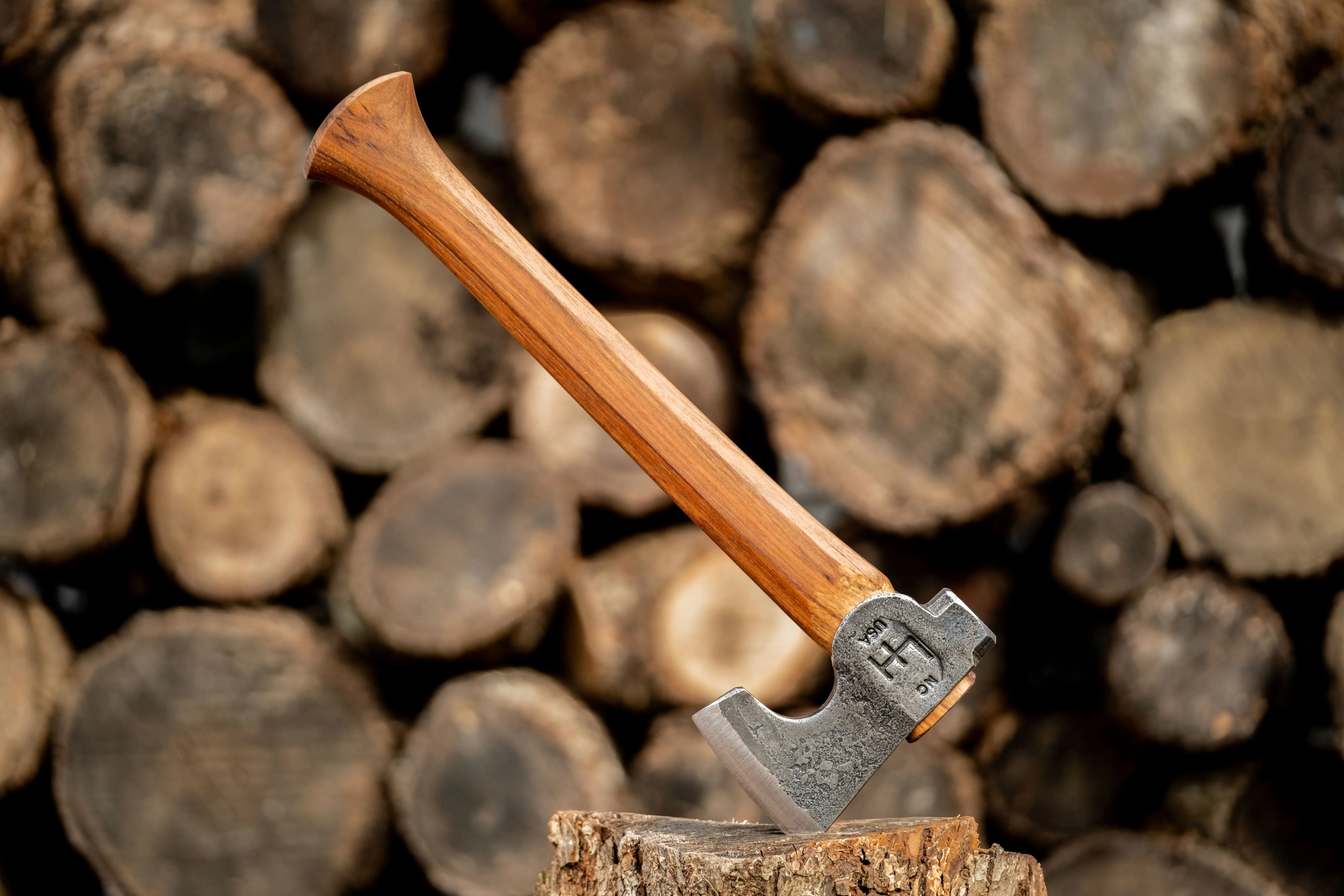 mountaineer axe in a stump