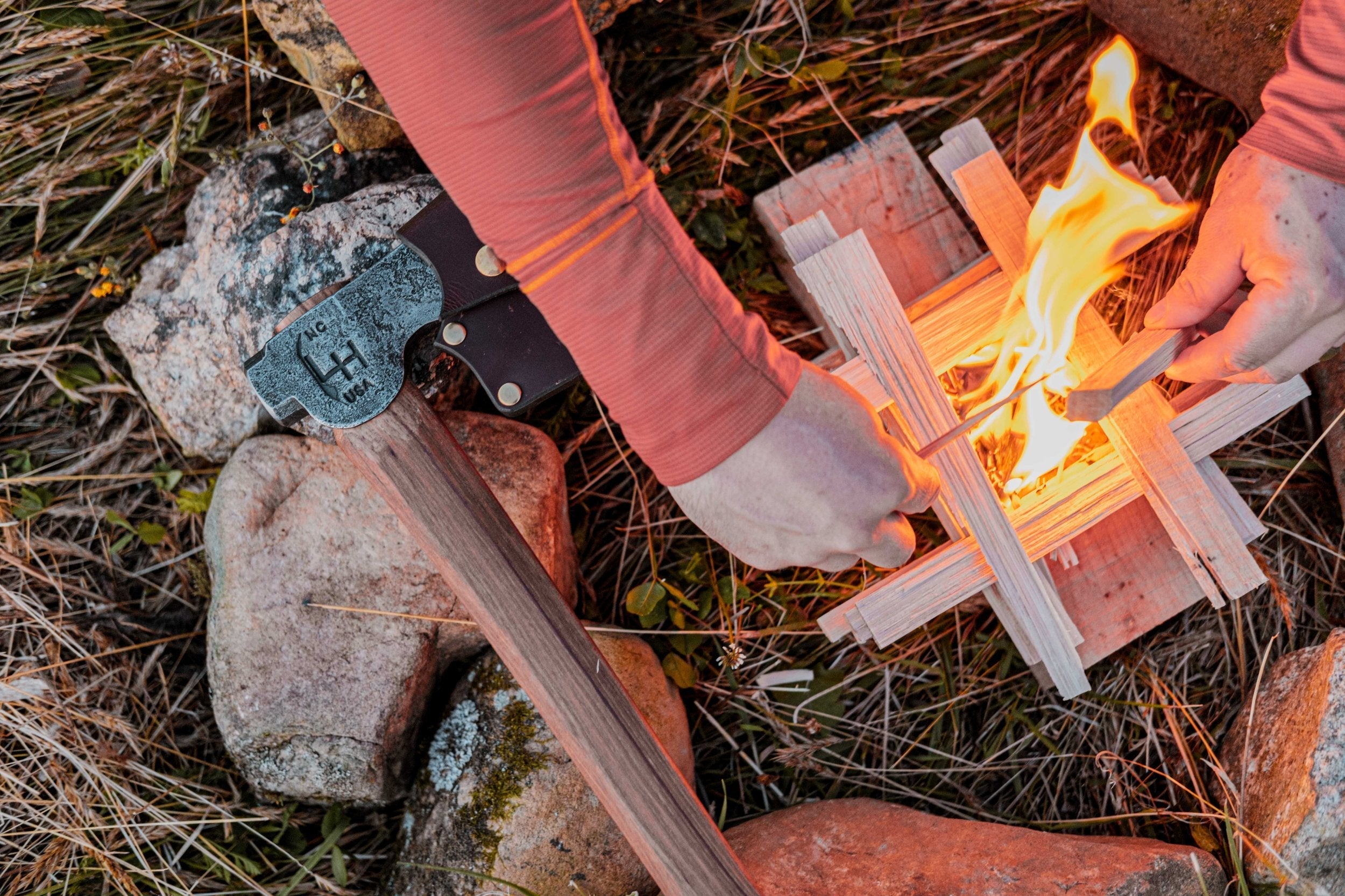building a fire with an axe